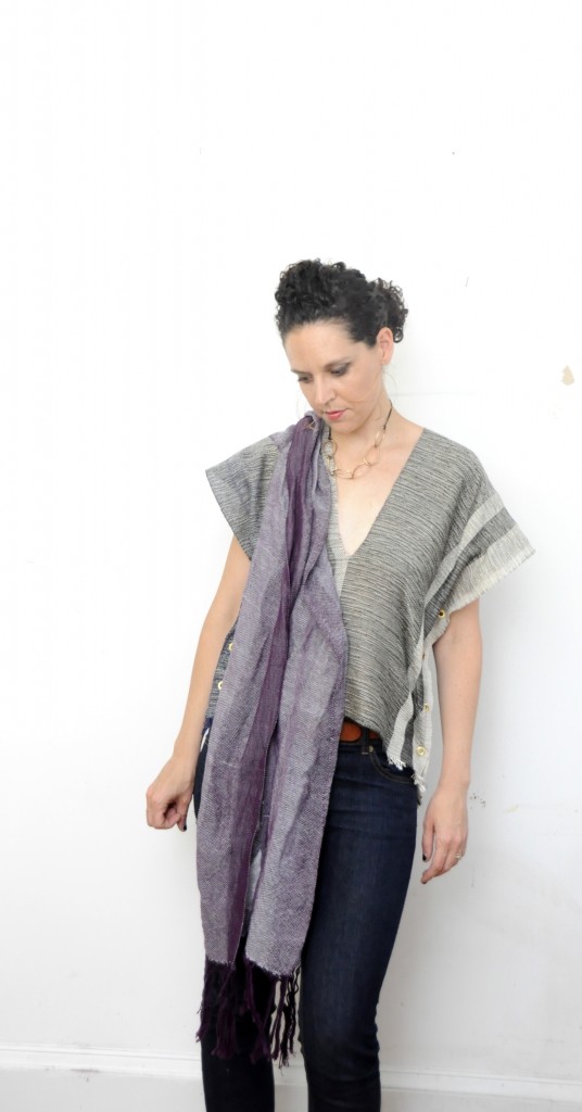 amber kane handwoven scarf and black and white tunic